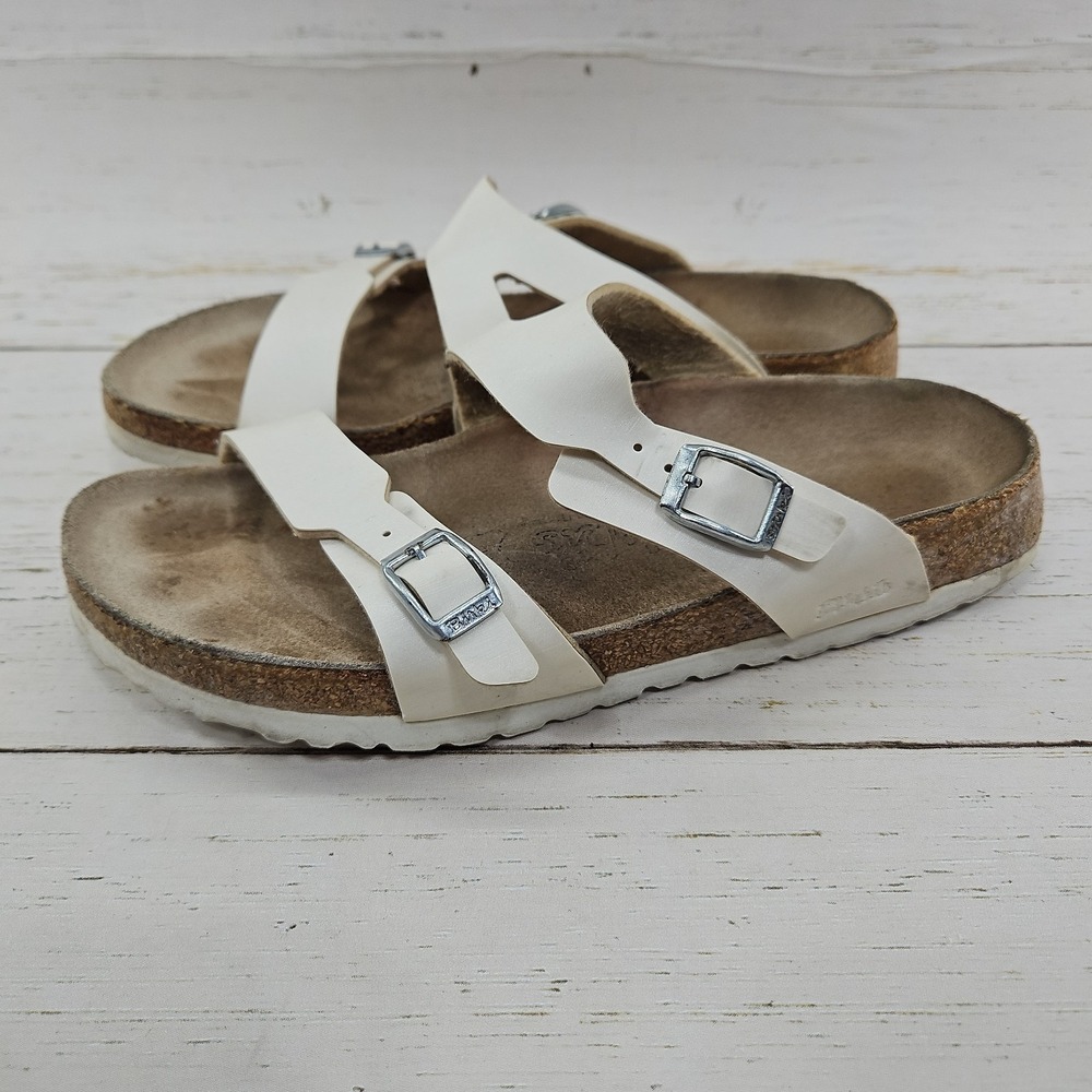 Birkis Birkenstock White Strappy Buckle Sandals Shoes Womens 7 EU 38